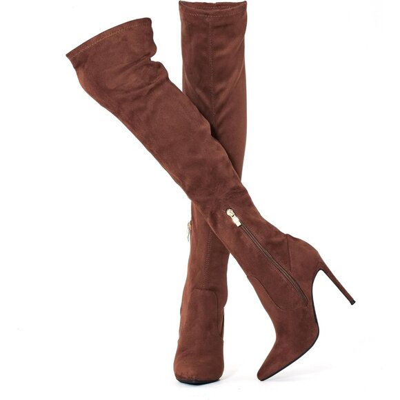 Women Faux Suede Brown Polyurethane Over The Knee Stiletto Heel Pointed Boots - Picture 1 of 5